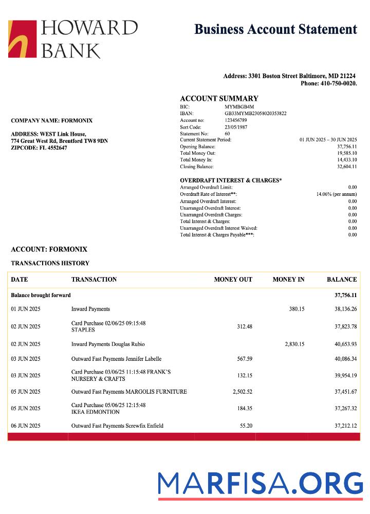 Blank USA Howard corporate statement Word and PDF template